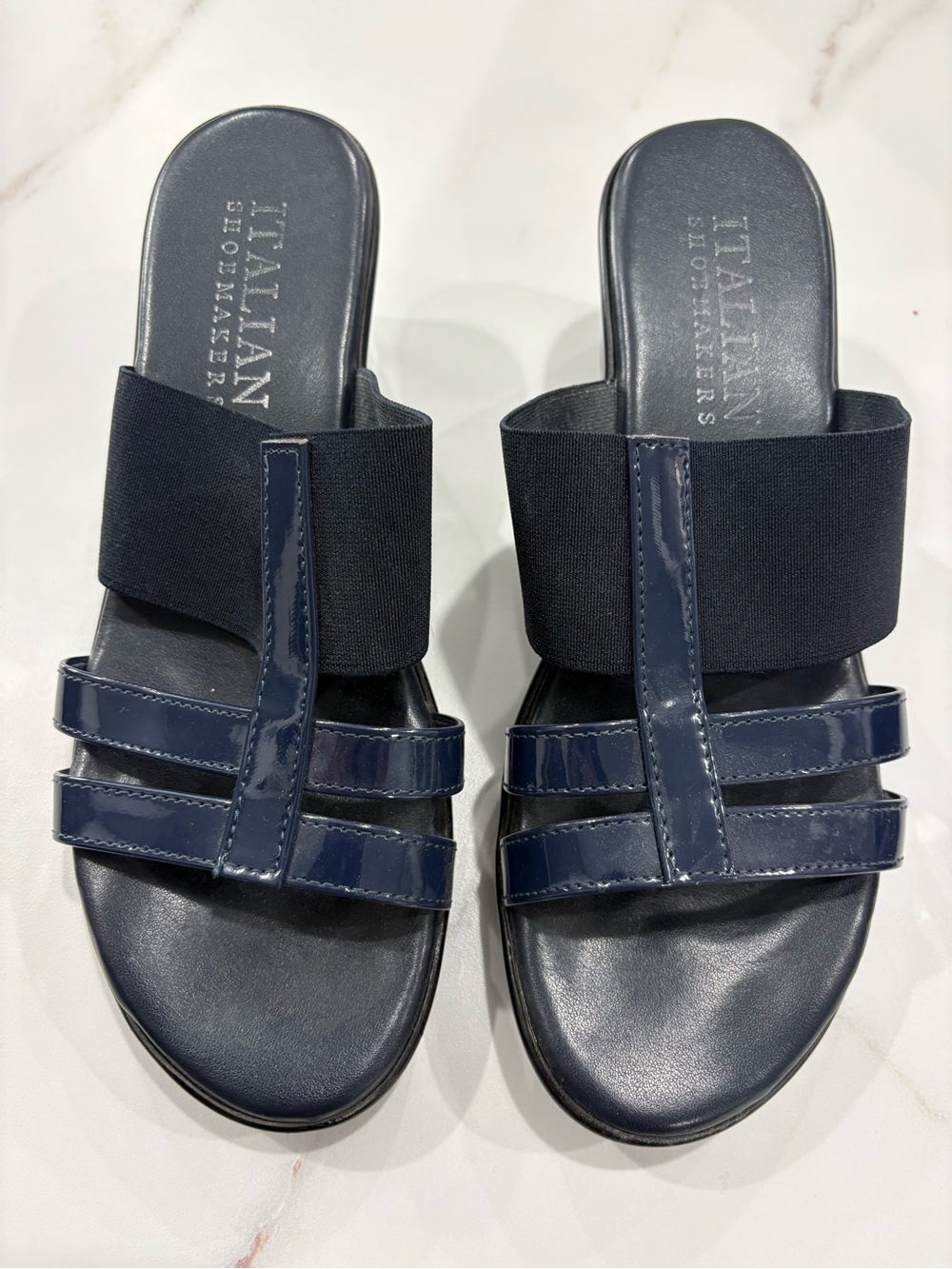 Italian Shoemakers Navy Patent and Elastic Slide Mules